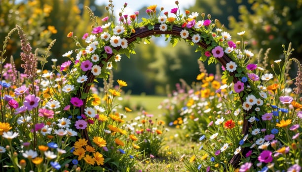 a whimsical flower arch bursting with colorful daisies, cornflowers, and wild grasses, entwined with rustic wood and bathed in warm afternoon sunlight, free from any living presence. photo