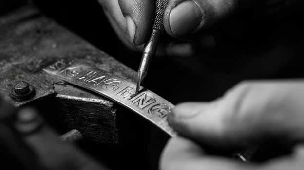 First-person view of engraving initials on silver bracelet with precision and detail photo