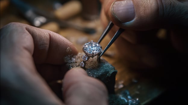 First-Person View of Setting Diamond into Ring with Tweezers and Intricate Prongs photo