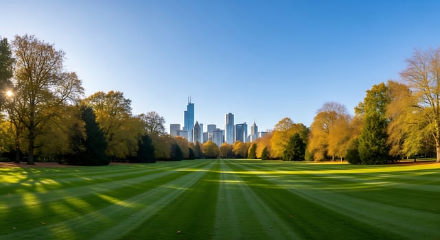 A green field with trees and skyscrapers in the background photo