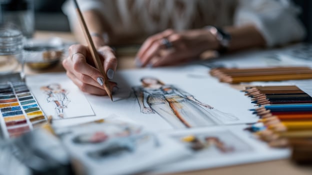 Fashion Designer Sketching Dress Concept with Color Pencils and Moodboard photo