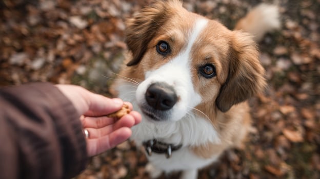 First-Person View of Treat Offering to Dog During Training Session photo
