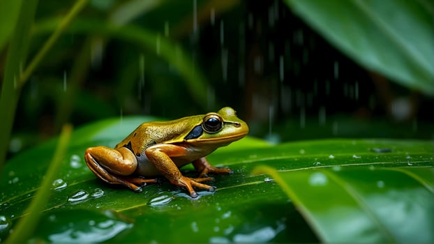 Golden Green Frog on Leaf in Rain photo