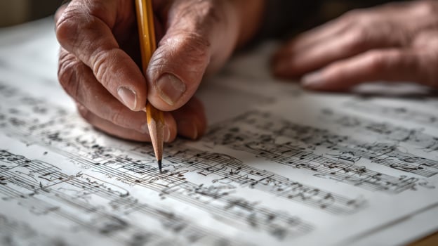 First-Person View of Hands Composing Music on Staff Paper with Pencil photo
