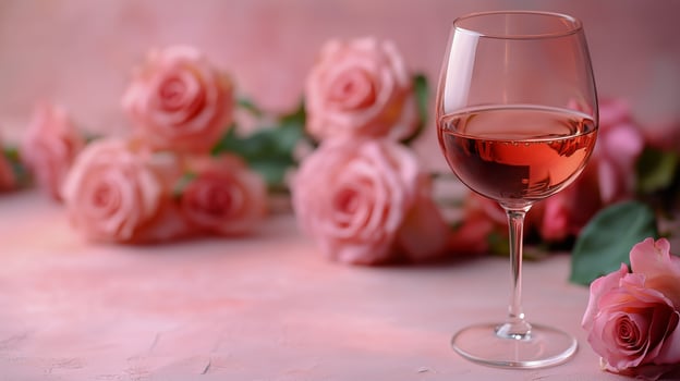 Romantic Setting With Pink Roses and a Wine Glass During Evening Celebration. photo