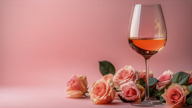 Elegant Glass of Rose Wine Alongside Blooming Roses on Soft Pink Backdrop During Spring Celebration. photo
