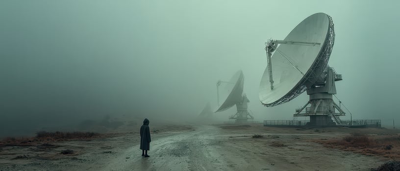 Mysterious figure watches satellite dishes in fog photo