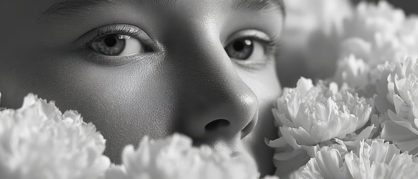Close up of a person surrounded by white flowers photo