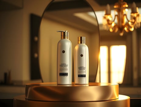 Two bottles of hair care products are on a gold stand photo