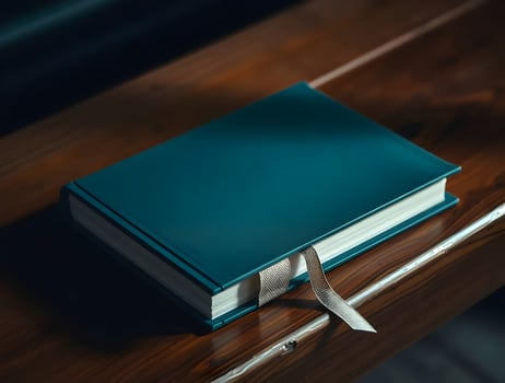 A blue book on a wooden table photo