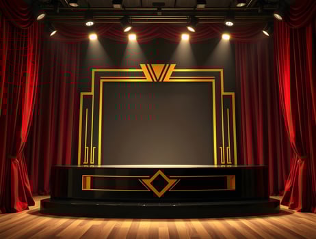 Stage with red curtains and a black stage photo