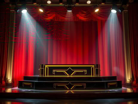 A stage with a red curtain and a stage photo