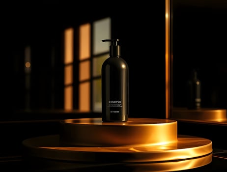 A bottle of black liquid sitting on a gold stand photo