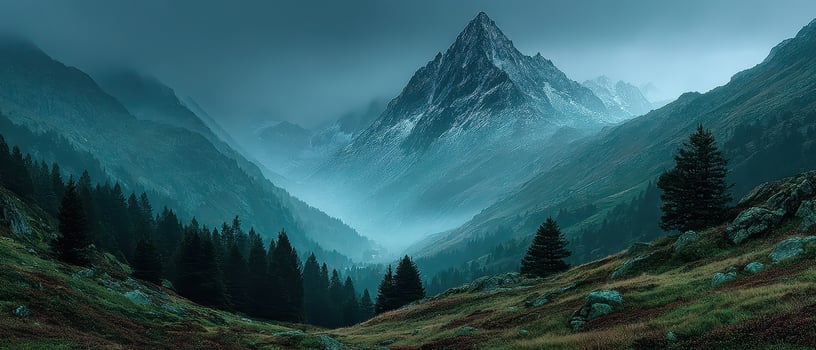 Misty mountain dusk in the forest photo
