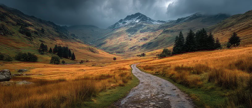 Golden autumn hills under dark clouds photo