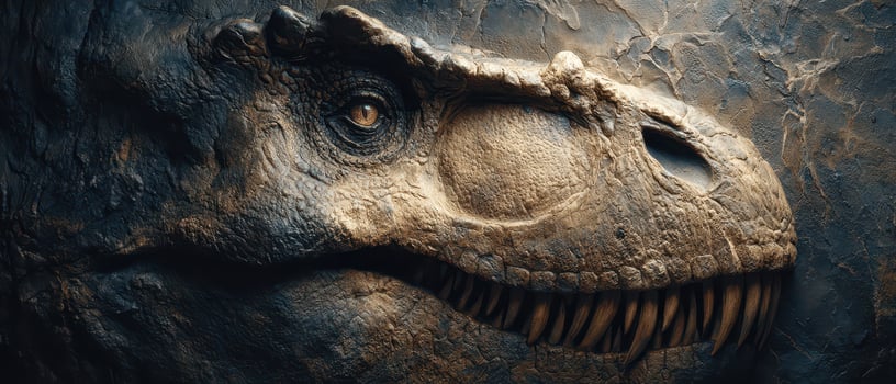 T Rex skull impression on rocky background photo