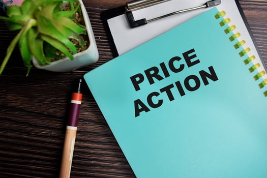 Concept of Price action write on book isolated on Wooden Table. photo