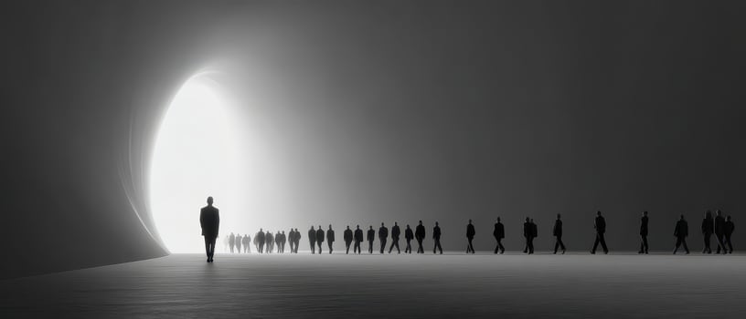 Silhouettes walking towards a bright tunnel exit photo