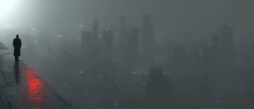 Foggy city skyline with lone figure photo