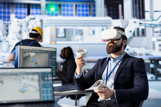 Solar panels plant professional optimizing efficiency using VR goggles. Photovoltaics factory technician working on innovative solar cells design prototype using virtual reality tech photo