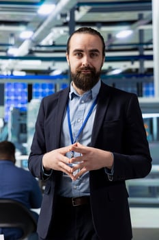 General manager hosting a meeting to discuss renewable energy production, ensuring quality control tests and sustainable solutions for cheaper solar power. Manage industrial operations. photo
