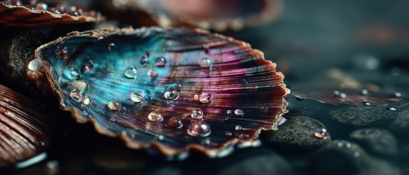 Shells glisten on smooth wet stones photo