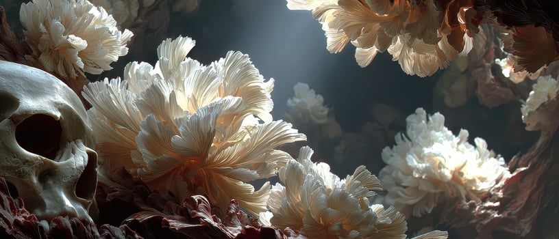 Flowers bloom around a skull in dark cave photo