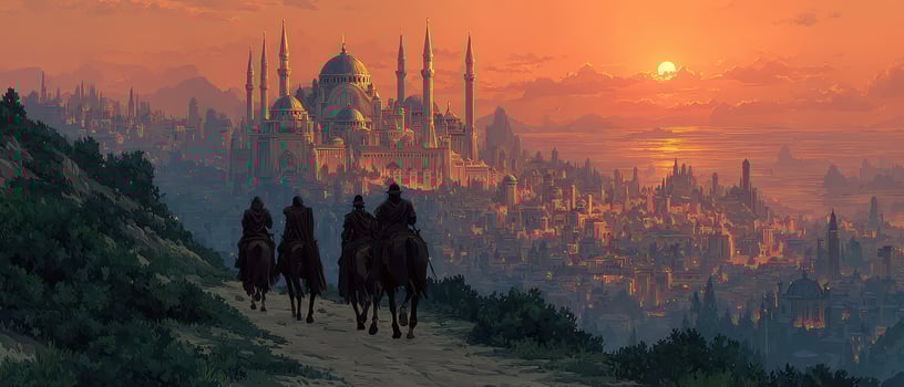 Sunset over ancient city with riders photo