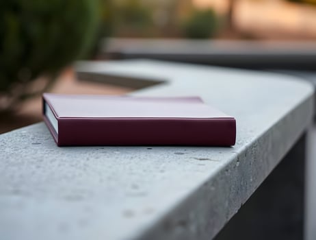 A purple book sitting on a concrete bench photo