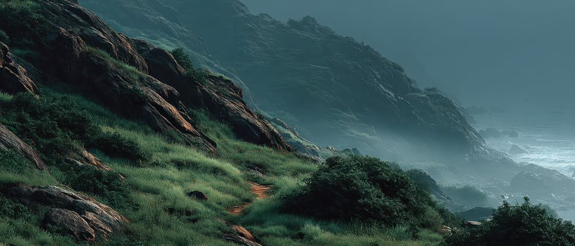 Lush coast with rocky cliffs and mist photo