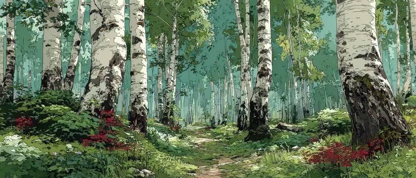 Tranquil forest path with vibrant trees photo