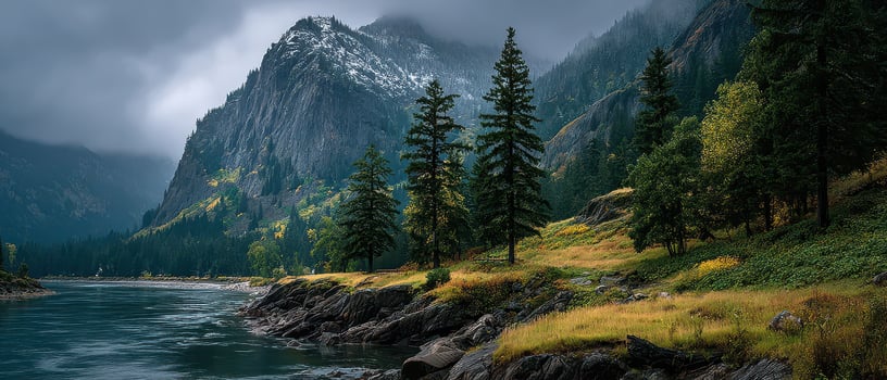 Majestic mountain landscape with river and trees photo