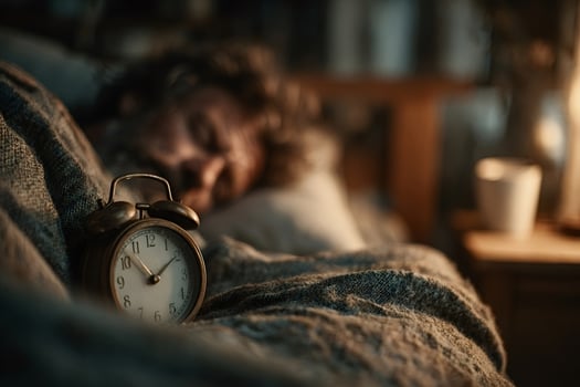 Vintage alarm clock gently waking sleeping man in cozy bedroom photo
