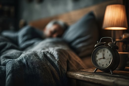 Vintage alarm clock showing six o'clock while person sleeps in bed photo