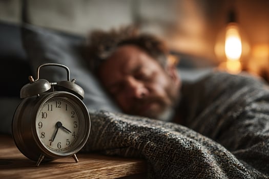 Vintage alarm clock showing seven o'clock while man sleeping peacefully in bed photo
