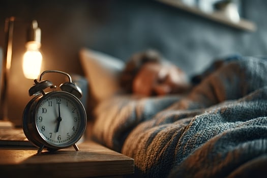 Vintage alarm clock showing midnight while person sleeps in bed photo