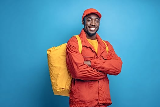 Courier wearing orange uniform and carrying yellow backpack smiling with crossed arms photo