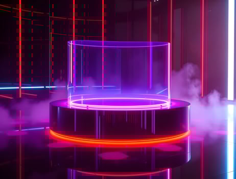 A neon lit room with a glass sphere on top photo