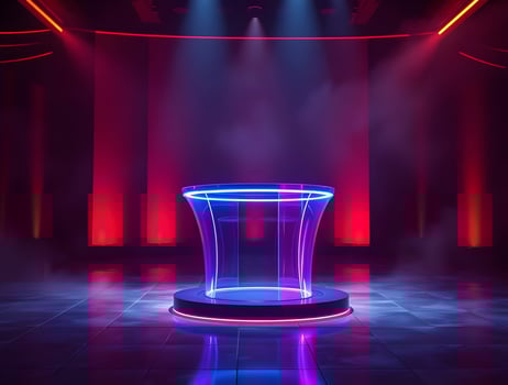 A neon stage with a podium and spotlight photo