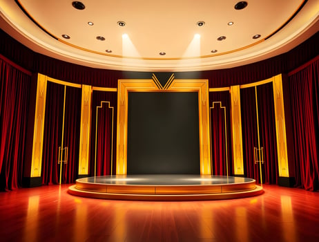 An empty stage with red curtains and a spotlight photo