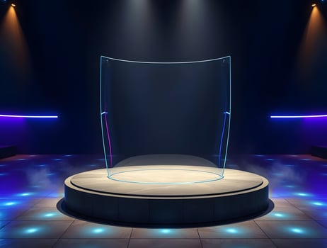 An empty stage with a glass podium in front of a spotlight photo