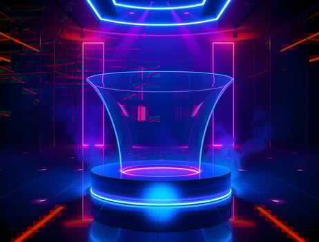 A neon lighted glass with a red and blue light photo