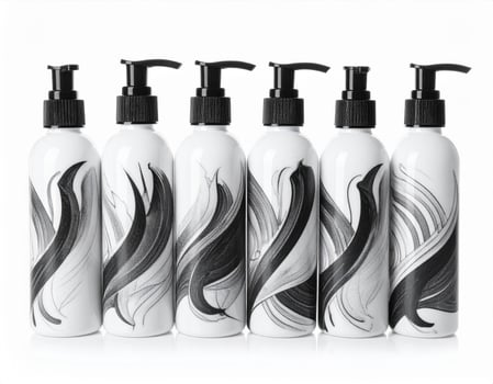 Six White Cosmetic Bottles with Black Pumps and Artistic Black Swirls Pattern photo