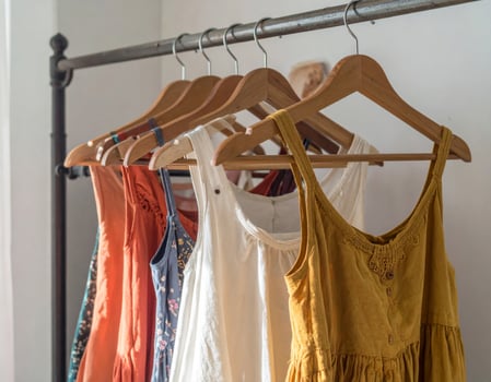 Hanging Dresses on Metal Clothing Rack Displaying Summer Apparel Collection photo
