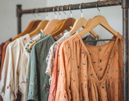 Assortment of Dresses on a Rustic Clothes Rack in Soft Natural Light photo
