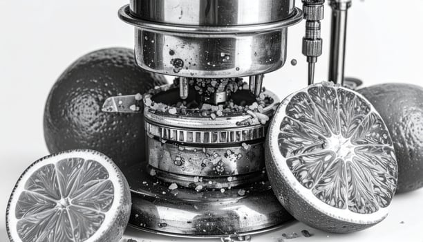 Close Up of Orange Fruit on Juicer in Monochrome Still Life Composition photo