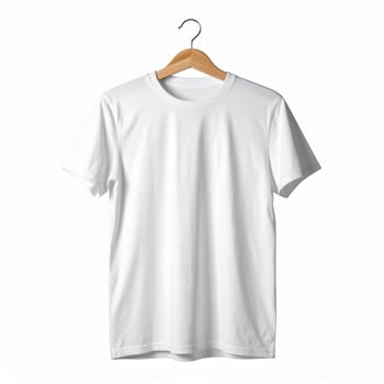 Plain White Tshirt Hanging on Wooden Hanger Mockup in Studio Shot photo