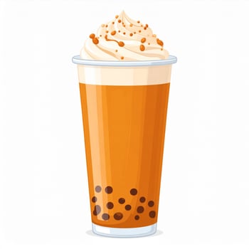 Pixelated Boba Tea with Tapioca Pearls and Whipped Cream in Plastic Cup on White photo