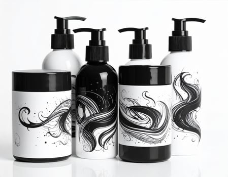 Assortment of Cosmetic Bottles with Abstract Black Designs Against a White Background photo
