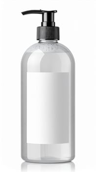 Clear Liquid Soap Bottle with Black Pump and Blank Label on White Background photo